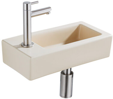 QeramiQ Fuente Fonteinset - 37.5x18.5x9cm - keramiek - kraangat links - fonteinkraan geborsteld RVS - afvoerplug - verlaagd sifon - Mat Beige SW1122452/SW696207/SW696217/SW696237 Beige mat