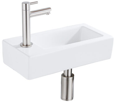 QeramiQ Fuente Fonteinset - 37.5x18.5x9cm - keramiek - kraangat links - fonteinkraan geborsteld RVS - afvoerplug - verlaagd sifon - Mat wit SW1122450/SW696207/SW696217/SW696237 Wit mat