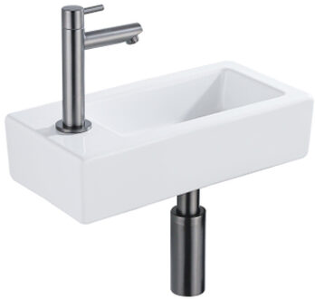 QeramiQ Fuente Fonteinset - 37.5x18.5x9cm - keramiek - kraangat links - fonteinkraan gunmetal - afvoerplug - verlaagd sifon - Glans wit SW1122449/SW769487/SW767295/SW696239 Wit glans