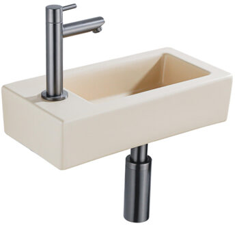 QeramiQ Fuente Fonteinset - 37.5x18.5x9cm - keramiek - kraangat links - fonteinkraan gunmetal - afvoerplug - verlaagd sifon - Mat Beige SW1122452/SW769487/SW767295/SW696239 Beige mat