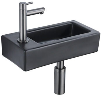 QeramiQ Fuente Fonteinset - 37.5x18.5x9cm - keramiek - kraangat links - fonteinkraan gunmetal - afvoerplug - verlaagd sifon - Mat Zwart SW1122451/SW769487/SW767295/SW696239 Zwart mat