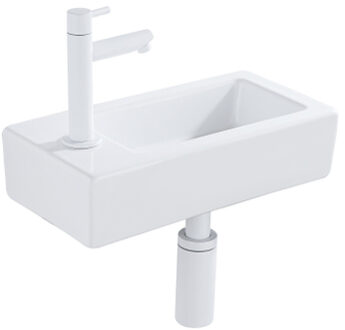 QeramiQ Fuente Fonteinset - 37.5x18.5x9cm - keramiek - kraangat links - fonteinkraan mat wit - afvoerplug - verlaagd sifon - Glans wit SW1122449/SW696206/SW696216/SW1210972 Wit glans