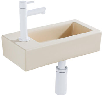 QeramiQ Fuente Fonteinset - 37.5x18.5x9cm - keramiek - kraangat links - fonteinkraan mat wit - afvoerplug - verlaagd sifon - Mat Beige SW1122452/SW696206/SW696216/SW1210972 Beige mat
