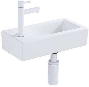 QeramiQ Fuente Fonteinset - 37.5x18.5x9cm - keramiek - kraangat links - fonteinkraan mat wit - afvoerplug - verlaagd sifon - Mat wit SW1122450/SW696206/SW696216/SW1210972 Wit mat