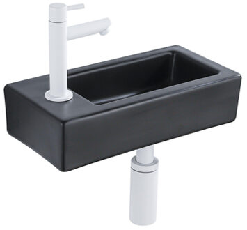 QeramiQ Fuente Fonteinset - 37.5x18.5x9cm - keramiek - kraangat links - fonteinkraan mat wit - afvoerplug - verlaagd sifon - Mat Zwart SW1122451/SW696206/SW696216/SW1210972 Zwart mat