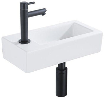 QeramiQ Fuente Fonteinset - 37.5x18.5x9cm - keramiek - kraangat links - fonteinkraan zwart mat - afvoerplug - verlaagd sifon - Glans wit SW1122449/SW696205/SW696215/SW696235 Wit glans
