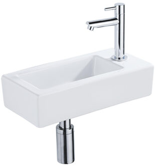 QeramiQ Fuente Fonteinset - 37.5x18.5x9cm - keramiek - kraangat rechts - fonteinkraan chroom - afvoerplug - verlaagd sifon - Glans wit SW1122445/SW696209/SW696219/SW696234 Wit glans