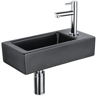 QeramiQ Fuente Fonteinset - 37.5x18.5x9cm - keramiek - kraangat rechts - fonteinkraan chroom - afvoerplug - verlaagd sifon - Mat Zwart SW1122447/SW696209/SW696219/SW696234 Zwart mat