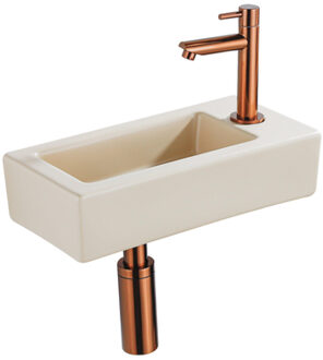 QeramiQ Fuente Fonteinset - 37.5x18.5x9cm - keramiek - kraangat rechts - fonteinkraan geborsteld koper - afvoerplug - verlaagd sifon - Mat Beige SW1122448/SW799405/SW799403/SW970033 Beige mat