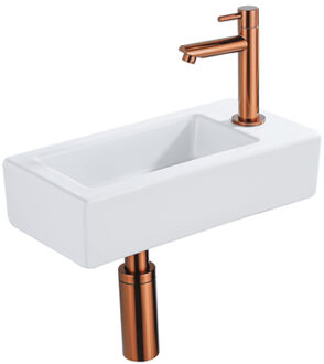 QeramiQ Fuente Fonteinset - 37.5x18.5x9cm - keramiek - kraangat rechts - fonteinkraan geborsteld koper - afvoerplug - verlaagd sifon - Mat wit SW1122446/SW799405/SW799403/SW970033 Wit mat