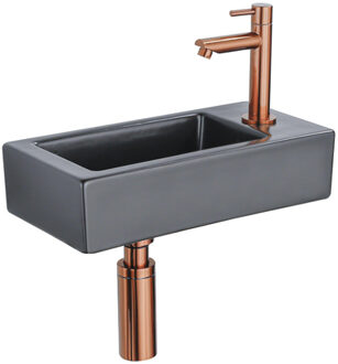 QeramiQ Fuente Fonteinset - 37.5x18.5x9cm - keramiek - kraangat rechts - fonteinkraan geborsteld koper - afvoerplug - verlaagd sifon - Mat Zwart SW1122447/SW799405/SW799403/SW970033 Zwart mat