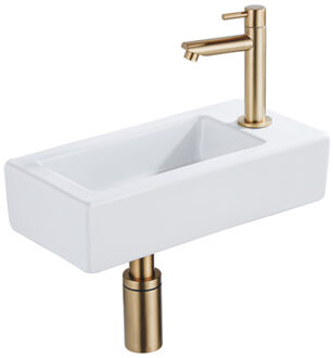 QeramiQ Fuente Fonteinset - 37.5x18.5x9cm - keramiek - kraangat rechts - fonteinkraan geborsteld messing - afvoerplug - verlaagd sifon - Glans wit SW1122445/SW696208/SW696218/SW696238 Wit glans