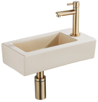 QeramiQ Fuente Fonteinset - 37.5x18.5x9cm - keramiek - kraangat rechts - fonteinkraan geborsteld messing - afvoerplug - verlaagd sifon - Mat Beige SW1122448/SW696208/SW696218/SW696238 Beige mat