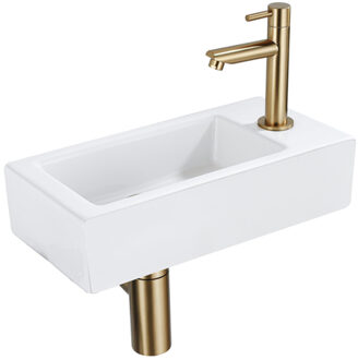 QeramiQ Fuente Fonteinset - 37.5x18.5x9cm - keramiek - kraangat rechts - fonteinkraan geborsteld messing - afvoerplug - verlaagd sifon - Mat wit SW1122446/SW696208/SW696218/SW696238 Wit mat