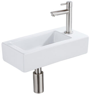 QeramiQ Fuente Fonteinset - 37.5x18.5x9cm - keramiek - kraangat rechts - fonteinkraan geborsteld RVS - afvoerplug - verlaagd sifon - Glans wit SW1122445/SW696207/SW696217/SW696237 Wit glans