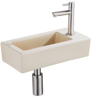 QeramiQ Fuente Fonteinset - 37.5x18.5x9cm - keramiek - kraangat rechts - fonteinkraan geborsteld RVS - afvoerplug - verlaagd sifon - Mat Beige SW1122448/SW696207/SW696217/SW696237 Beige mat