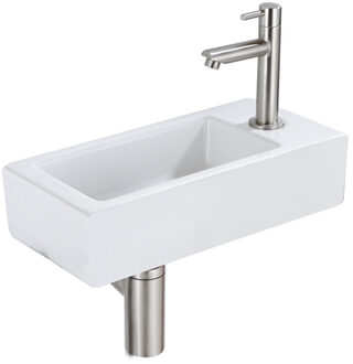 QeramiQ Fuente Fonteinset - 37.5x18.5x9cm - keramiek - kraangat rechts - fonteinkraan geborsteld RVS - afvoerplug - verlaagd sifon - Mat wit SW1122446/SW696207/SW696217/SW696237 Wit mat