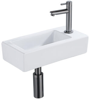 QeramiQ Fuente Fonteinset - 37.5x18.5x9cm - keramiek - kraangat rechts - fonteinkraan gunmetal - afvoerplug - verlaagd sifon - Glans wit SW1122445/SW769487/SW767295/SW696239 Wit glans