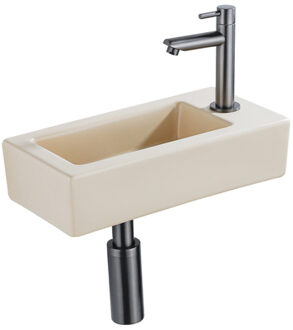QeramiQ Fuente Fonteinset - 37.5x18.5x9cm - keramiek - kraangat rechts - fonteinkraan gunmetal - afvoerplug - verlaagd sifon - Mat Beige SW1122448/SW769487/SW767295/SW696239 Beige mat