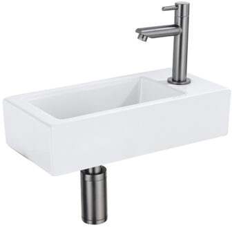 QeramiQ Fuente Fonteinset - 37.5x18.5x9cm - keramiek - kraangat rechts - fonteinkraan gunmetal - afvoerplug - verlaagd sifon - Mat wit SW1122446/SW769487/SW767295/SW696239 Wit mat
