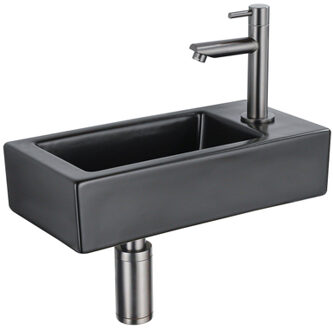 QeramiQ Fuente Fonteinset - 37.5x18.5x9cm - keramiek - kraangat rechts - fonteinkraan gunmetal - afvoerplug - verlaagd sifon - Mat Zwart SW1122447/SW769487/SW767295/SW696239 Zwart mat