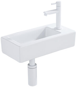 QeramiQ Fuente Fonteinset - 37.5x18.5x9cm - keramiek - kraangat rechts - fonteinkraan mat wit - afvoerplug - verlaagd sifon - Glans wit SW1122445/SW696206/SW696216/SW1210972 wit mat