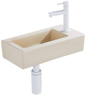 QeramiQ Fuente Fonteinset - 37.5x18.5x9cm - keramiek - kraangat rechts - fonteinkraan mat wit - afvoerplug - verlaagd sifon - Mat Beige SW1122448/SW696206/SW696216/SW1210972 Beige mat