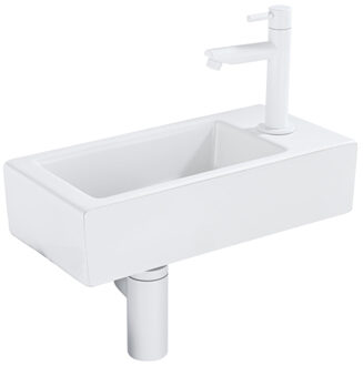 QeramiQ Fuente Fonteinset - 37.5x18.5x9cm - keramiek - kraangat rechts - fonteinkraan mat wit - afvoerplug - verlaagd sifon - Mat wit SW1122446/SW696206/SW696216/SW1210972 Wit mat