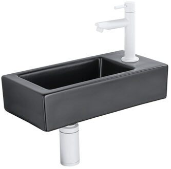 QeramiQ Fuente Fonteinset - 37.5x18.5x9cm - keramiek - kraangat rechts - fonteinkraan mat wit - afvoerplug - verlaagd sifon - Mat Zwart SW1122447/SW696206/SW696216/SW1210972 Zwart mat