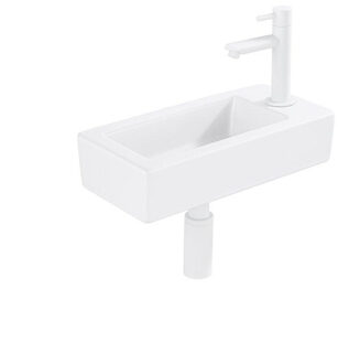 QeramiQ Fuente Fonteinset - 37.5x18.5x9cm - keramiek - kraangat rechts - fonteinkraan wit mat - afvoerplug - verlaagd sifon - Mat wit SW1122446 / SW696206 / SW696216 / SW1210972