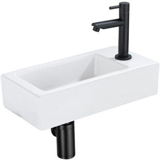 QeramiQ Fuente Fonteinset - 37.5x18.5x9cm - keramiek - kraangat rechts - fonteinkraan zwart mat - afvoerplug - verlaagd sifon - Glans wit SW1122445/SW696205/SW696215/SW696235 Wit glans