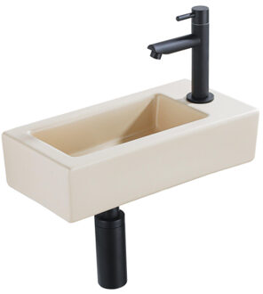 QeramiQ Fuente Fonteinset - 37.5x18.5x9cm - keramiek - kraangat rechts - fonteinkraan zwart mat - afvoerplug - verlaagd sifon - Mat Beige SW1122448/SW696205/SW696215/SW696235 Beige mat