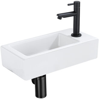 QeramiQ Fuente Fonteinset - 37.5x18.5x9cm - keramiek - kraangat rechts - fonteinkraan zwart mat - afvoerplug - verlaagd sifon - Mat wit SW1122446/SW696205/SW696215/SW696235 Wit mat