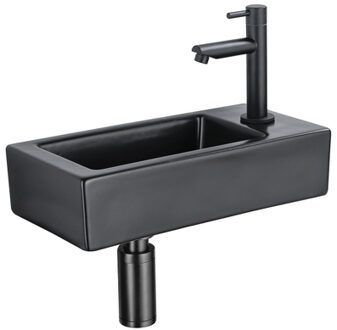 QeramiQ Fuente Fonteinset - 37.5x18.5x9cm - keramiek - kraangat rechts - fonteinkraan zwart mat - afvoerplug - verlaagd sifon - Mat Zwart SW1122447/SW696205/SW696215/SW696235