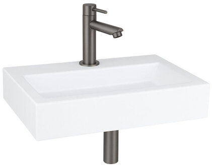 QeramiQ Fuente fonteinset - 38x24cm - 1 kraangat - keramiek - fonteinkraan gunmetal - glans wit SW696237/SW696207/SW696217/SW21912 Wit glans