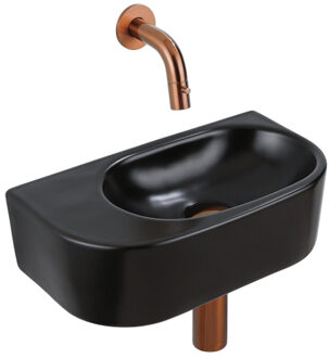 QeramiQ Fuente Fonteinset - 40x21.5x12cm - glad - halfrond - keramiek - fonteinkraan geborsteld koper - afvoerplug - verlaagd sifon - zwart mat SW1210764/SW799405/SW799403/SW1108832