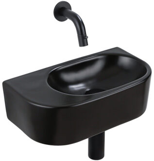 QeramiQ Fuente Fonteinset - 40x21.5x12cm - glad - halfrond - keramiek - fonteinkraan zwart mat - afvoerplug - verlaagd sifon - zwart mat SW1210764/SW696205/SW696215/SW1108828