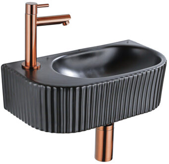 QeramiQ Fuente Fonteinset - 40x21.5x12cm - links - geribbeld - halfrond - 1 kraangat - keramiek - fonteinkraan geborsteld koper - afvoerplug - verlaagd sifon - zwart mat SW1209548/SW799405/SW799403/SW970033