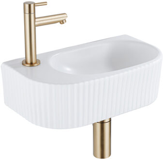 QeramiQ Fuente Fonteinset - 40x21.5x12cm - links - geribbeld - halfrond - 1 kraangat - keramiek - fonteinkraan geborsteld messing - afvoerplug - verlaagd sifon - wit mat SW1209547/SW696208/SW696218/SW696238