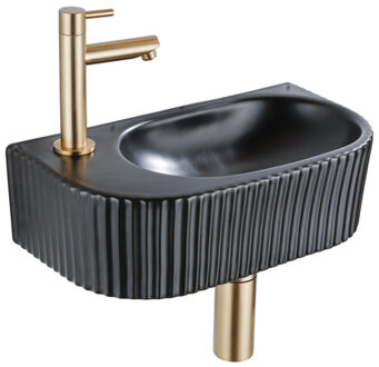 QeramiQ Fuente Fonteinset - 40x21.5x12cm - links - geribbeld - halfrond - 1 kraangat - keramiek - fonteinkraan geborsteld messing - afvoerplug - verlaagd sifon - zwart mat SW1209548/SW696208/SW696218/SW696238