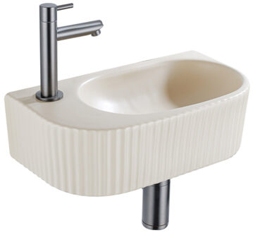 QeramiQ Fuente Fonteinset - 40x21.5x12cm - links - geribbeld - halfrond - 1 kraangat - keramiek - fonteinkraan gunmetal - afvoerplug - verlaagd sifon - beige SW1209549/SW769487/SW767295/SW696239