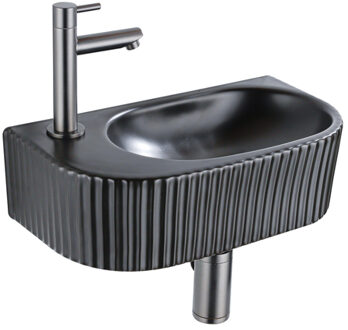 QeramiQ Fuente Fonteinset - 40x21.5x12cm - links - geribbeld - halfrond - 1 kraangat - keramiek - fonteinkraan gunmetal - afvoerplug - verlaagd sifon - zwart mat SW1209548/SW769487/SW767295/SW696239