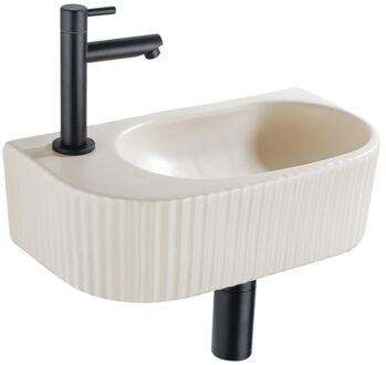 QeramiQ Fuente Fonteinset - 40x21.5x12cm - links - geribbeld - halfrond - 1 kraangat - keramiek - fonteinkraan zwart mat - afvoerplug - verlaagd sifon - beige SW1209549/SW696205/SW696215/SW696235