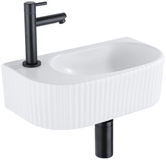 QeramiQ Fuente Fonteinset - 40x21.5x12cm - links - geribbeld - halfrond - 1 kraangat - keramiek - fonteinkraan zwart mat - afvoerplug - verlaagd sifon - wit mat SW1209547/SW696205/SW696215/SW696235