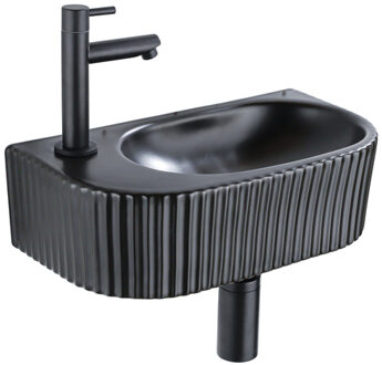 QeramiQ Fuente Fonteinset - 40x21.5x12cm - links - geribbeld - halfrond - 1 kraangat - keramiek - fonteinkraan zwart mat - afvoerplug - verlaagd sifon - zwart mat SW1209548/SW696205/SW696215/SW696235