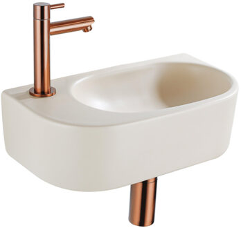 QeramiQ Fuente Fonteinset - 40x21.5x12cm - links - glad - halfrond - 1 kraangat - keramiek - fonteinkraan geborsteld koper - afvoerplug - verlaagd sifon - beige SW1209557/SW799405/SW799403/SW970033