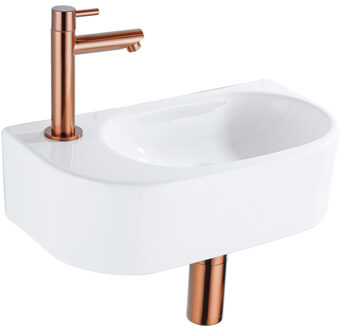 QeramiQ Fuente Fonteinset - 40x21.5x12cm - links - glad - halfrond - 1 kraangat - keramiek - fonteinkraan geborsteld koper - afvoerplug - verlaagd sifon - wit glans SW1209554/SW799405/SW799403/SW970033