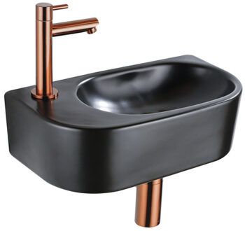 QeramiQ Fuente Fonteinset - 40x21.5x12cm - links - glad - halfrond - 1 kraangat - keramiek - fonteinkraan geborsteld koper - afvoerplug - verlaagd sifon - zwart mat SW1209556/SW799405/SW799403/SW970033