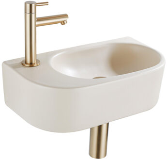 QeramiQ Fuente Fonteinset - 40x21.5x12cm - links - glad - halfrond - 1 kraangat - keramiek - fonteinkraan geborsteld messing - afvoerplug - verlaagd sifon - beige SW1209557/SW696208/SW696218/SW696238