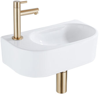 QeramiQ Fuente Fonteinset - 40x21.5x12cm - links - glad - halfrond - 1 kraangat - keramiek - fonteinkraan geborsteld messing - afvoerplug - verlaagd sifon - wit glans SW1209554/SW696208/SW696218/SW696238